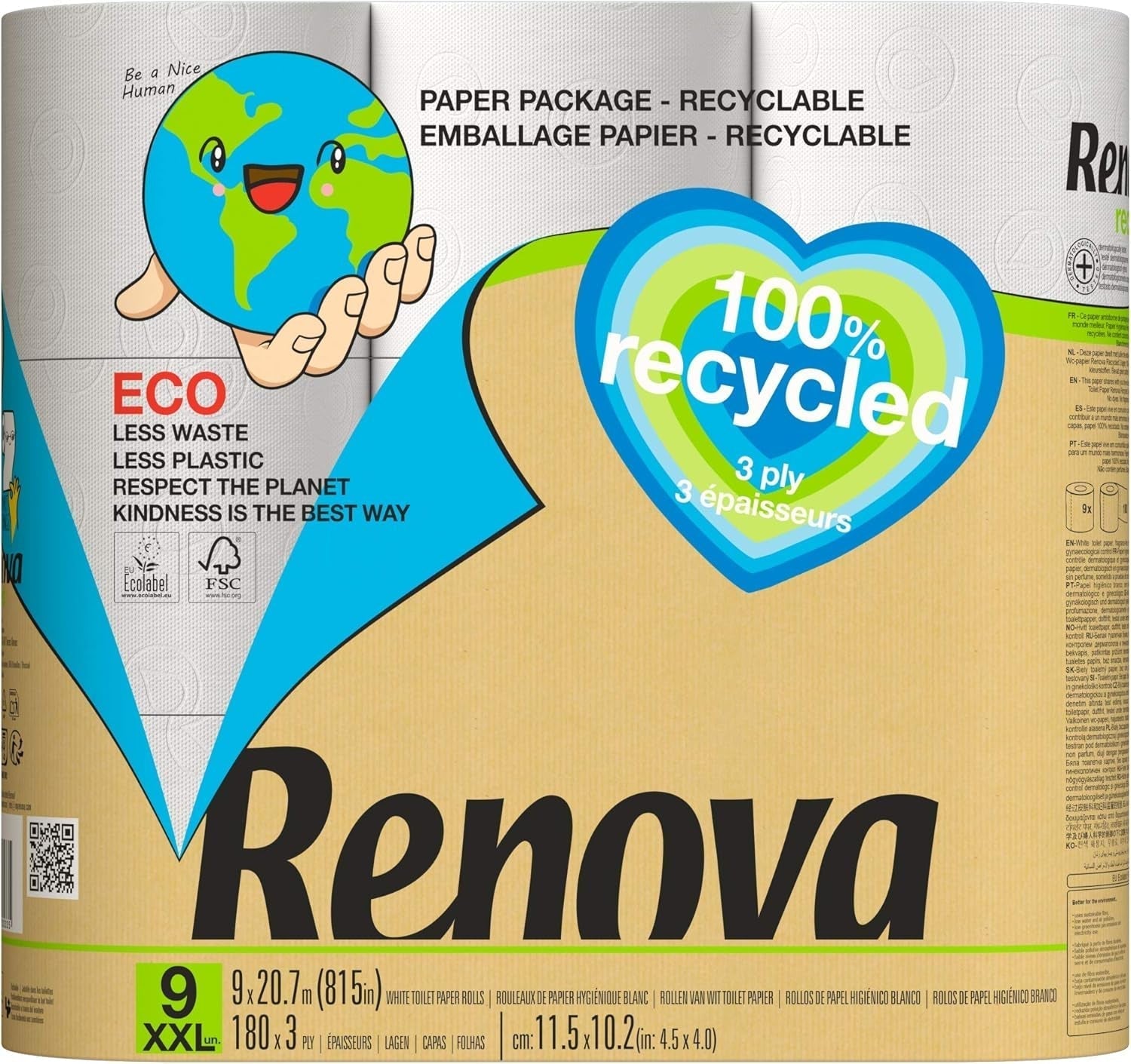 Renova 100% GENBRUG toiletpapir 9 ruller, hvid, alm