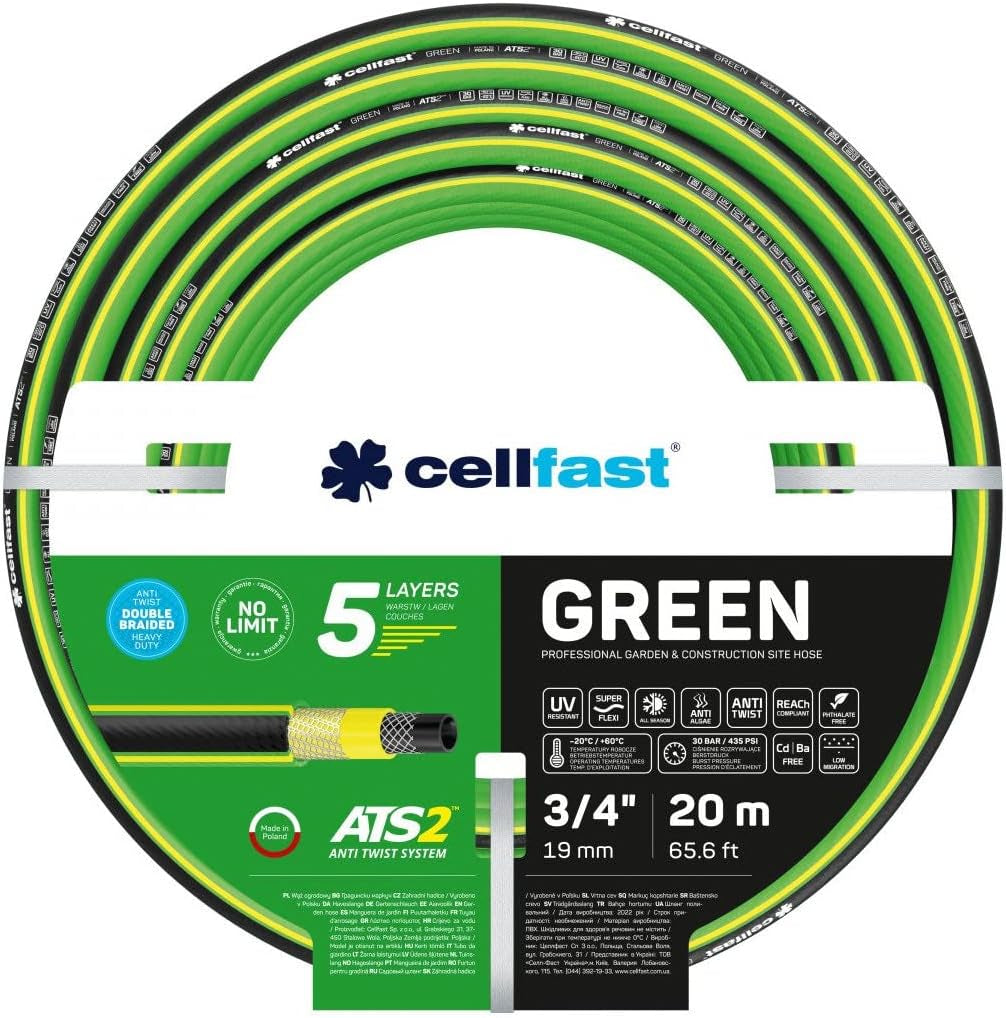 Haveslange Cellfast GREEN ATS2, holdbar, fleksibel, 5-lags, ATS2 krydsfletning, UV- og algebestandig, tungmetalfri, 30 bar, -20/+60°C kortvarig, 3/4", 20m