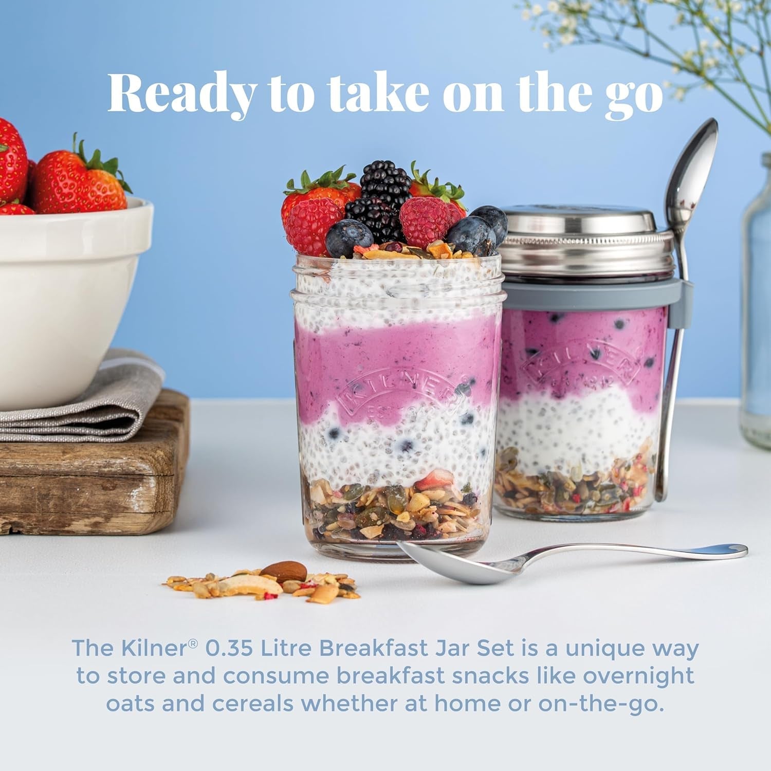 Kilner morgenmadskrukke med ske / 350 ml, Ø 9,5 cm / 5 stk | takeaway müsli kop / giftfri / glasbeholder med låg til müsli, grød og yoghurt / overnight havre beholder Naty Shop Food Opbevaringsbokse