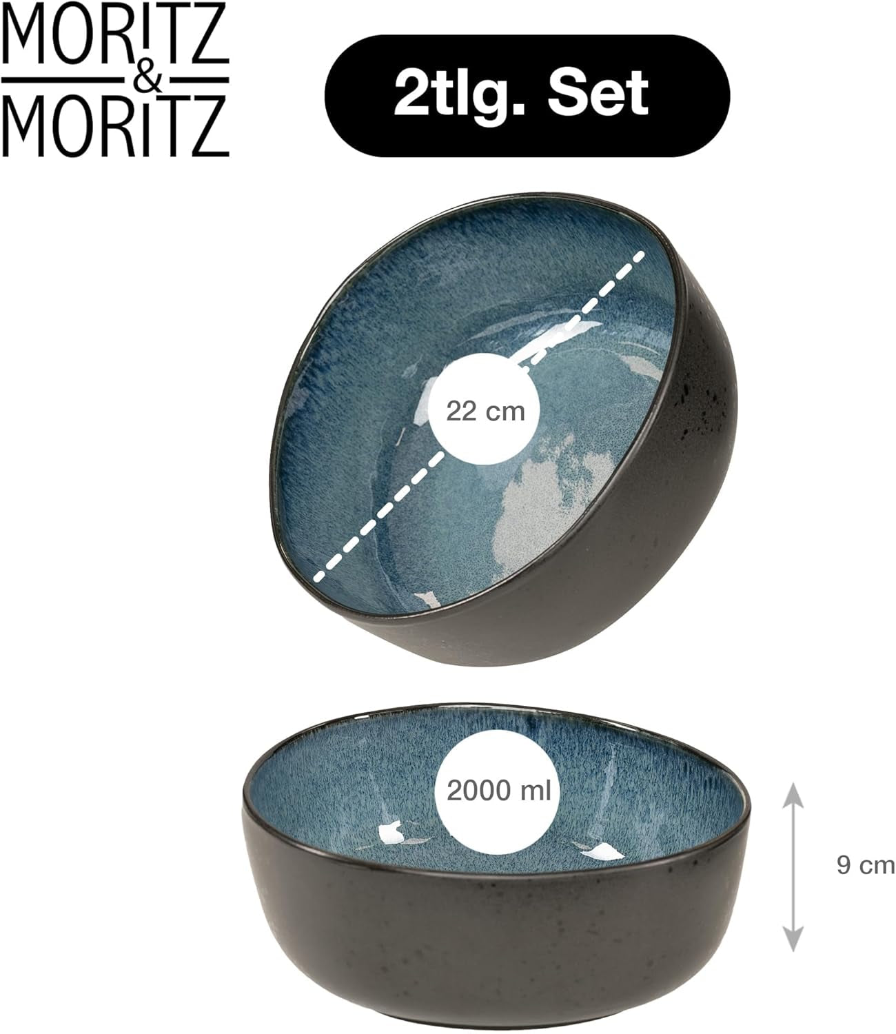 Moritz & Moritz ØKOLOGISK serveringsskålesæt, blå - 2 store højkvalitets stentøjsskåle, moderne og tidløse, tåler mikroovn og opvaskemaskine - perfekt til salater, pasta, snacks og mere