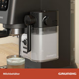 Portafilter espressomaskine GRUNDIG KSM 5330 med integreret mælkebeholder, effekt 1628 W, pumpetryk 15 bar, dobbelt mundstykke, farvetouchdisplay, BrewSense, CreamyPro, Mørk rustfrit stål/Sort