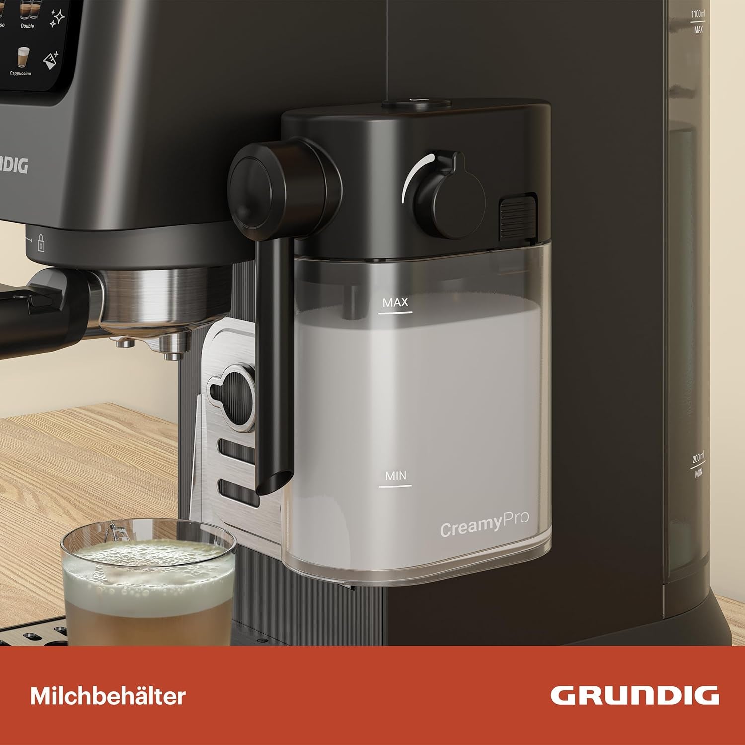 Portafilter espressomaskine GRUNDIG KSM 5330 med integreret mælkebeholder, effekt 1628 W, pumpetryk 15 bar, dobbelt mundstykke, farvetouchdisplay, BrewSense, CreamyPro, Mørk rustfrit stål/Sort