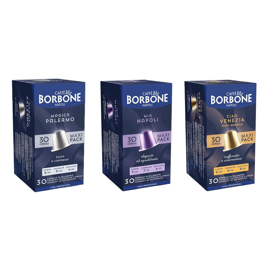 Caffè Borbone Verkostung Kit, 90 aluminiumskapsler: 30 Mia Napoli, 30 Ciao Venezia, 30 Magica Palermo, (3 x 30 Stück) – Kompatibel med Kaffeemaschinen für den Hausgebrauch af Nespresso®-mærket*