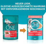 PURINA ONE STERILCAT våd kattefoder, møre stykker i sauce til steriliserede katte, med laks, pakke med 26 stk (26 x 85g)