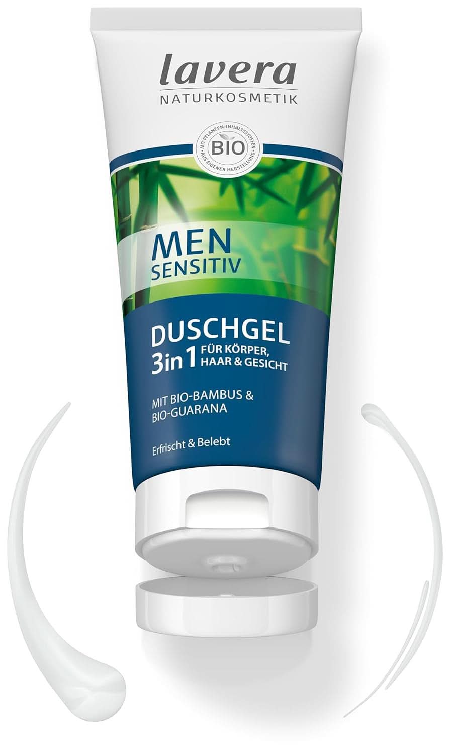Lavera, Shower gel med økologisk bambus og guarana, 3 i 1, til hud, hår og ansigt, 200 ml Brusebad og bad Naty Shop