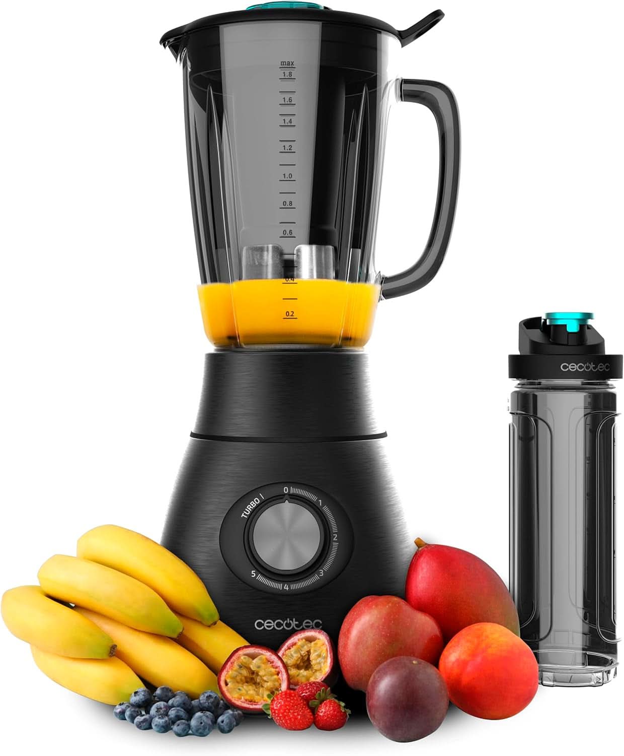 Cecotec Standmixer Power Black Titanium 2200MAX Glat, 2200 W Maximale Leistung, 6 Klingen Aus Edelstahl, Ice-Crush-Funktion, Turbo- Og Smoothie-Funktion, Autoclean-Funktion Køkken Naty Shop Schwarz 2500 W | 1,8 L + Flasche træk