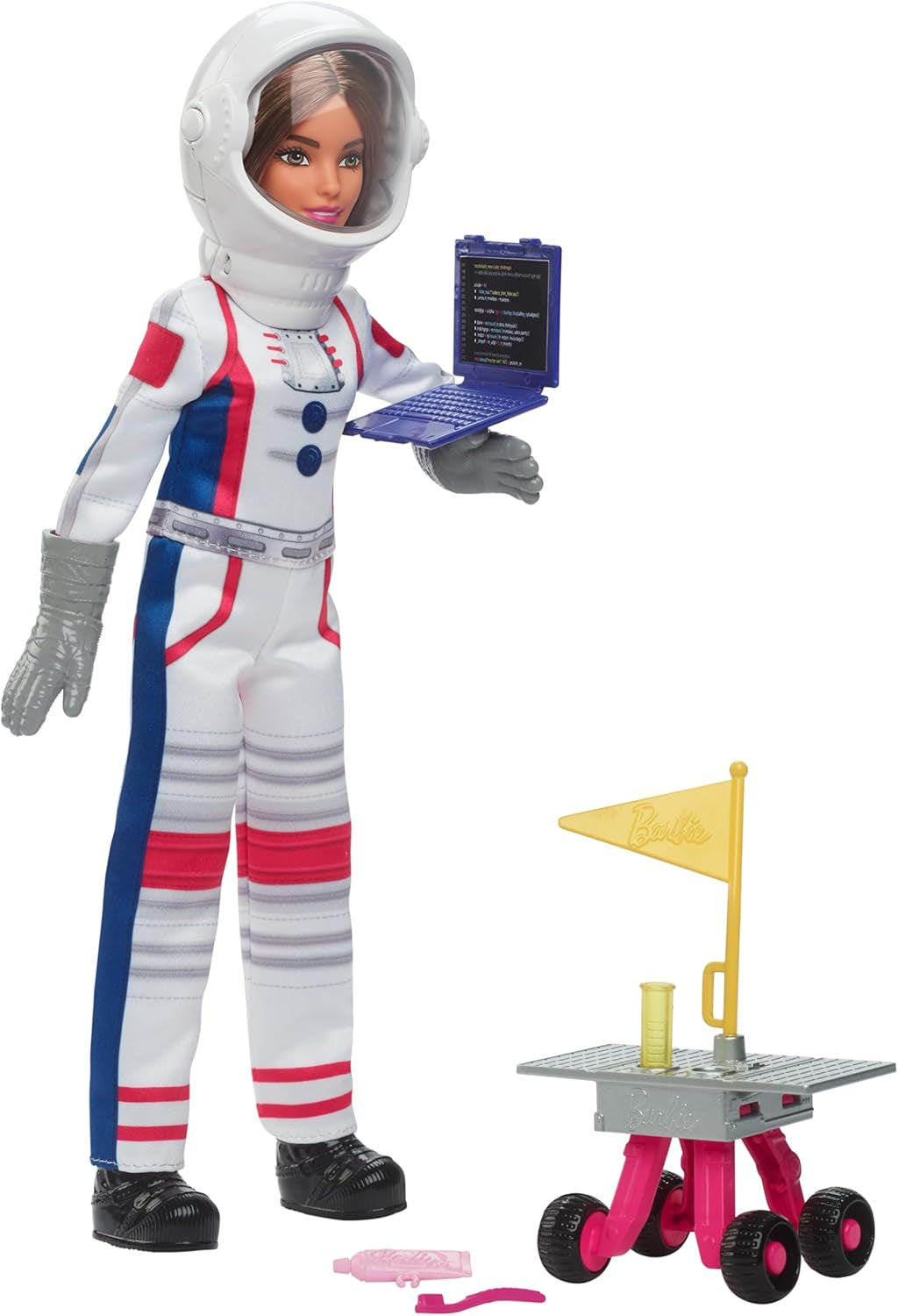 65-års fødselsdag Barbie Dukke og 10 tilbehør, Brunette Dukke Astronaut Sæt, Rover på hjul, Rumhjelm med skiftende visir og mere, HRG45