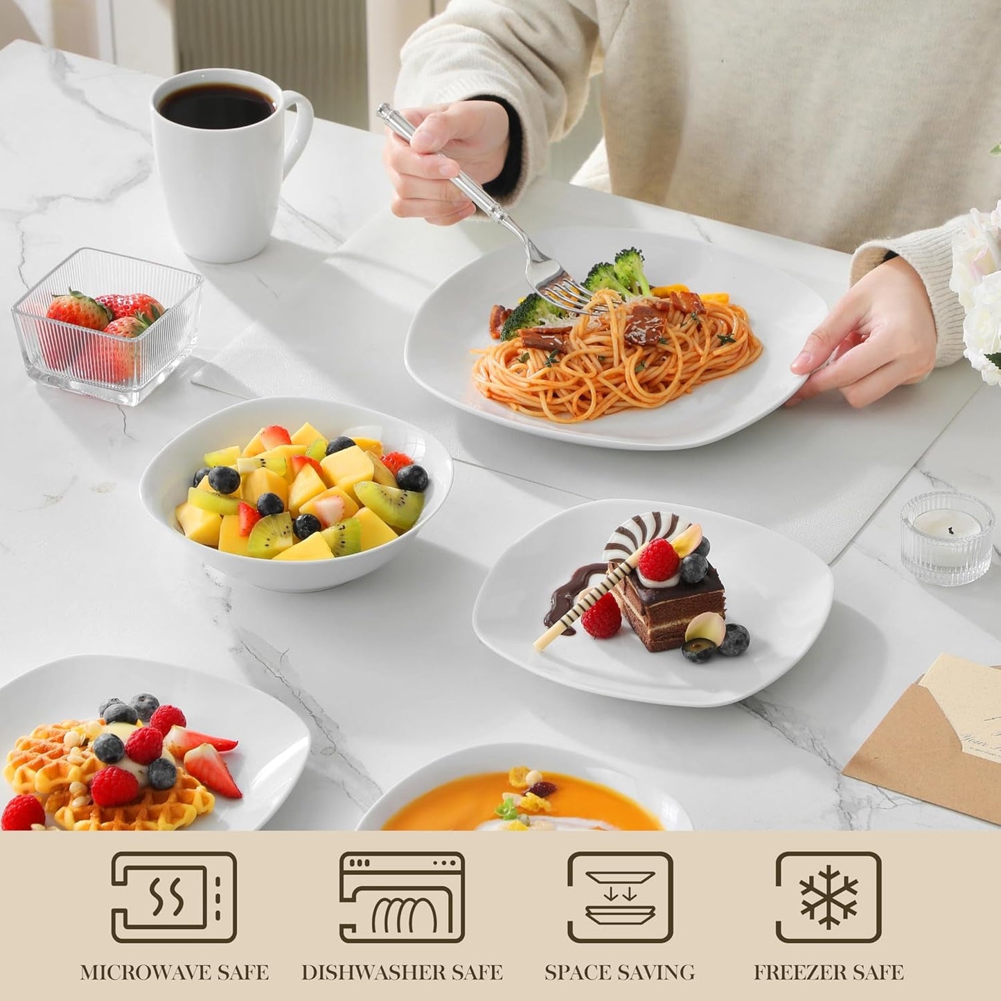 MALACASA Spisesæt til 4, 16-delt hvidt porcelænsservice, moderne servisesæt med 4 middagstallerkener, Desserttallerkener, Suma-tallerkener og -kopper, ELISA-serien