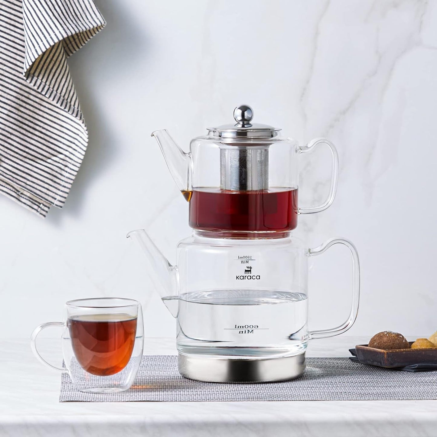 Karaca Dora Borosilikatglas-kedelsæt med rustfrit stål-te-temaskine, 2L-kedel og 1L-glaskedel med infuser, tyrkisk kedel, Caydanlik, tyrkisk urtetemaskine, løs te, XL