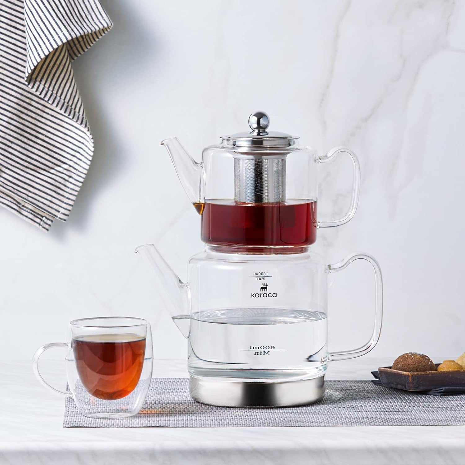 Karaca Dora Borosilikatglas-kedelsæt med rustfrit stål-te-temaskine, 2L-kedel og 1L-glaskedel med infuser, tyrkisk kedel, Caydanlik, tyrkisk urtetemaskine, løs te, XL