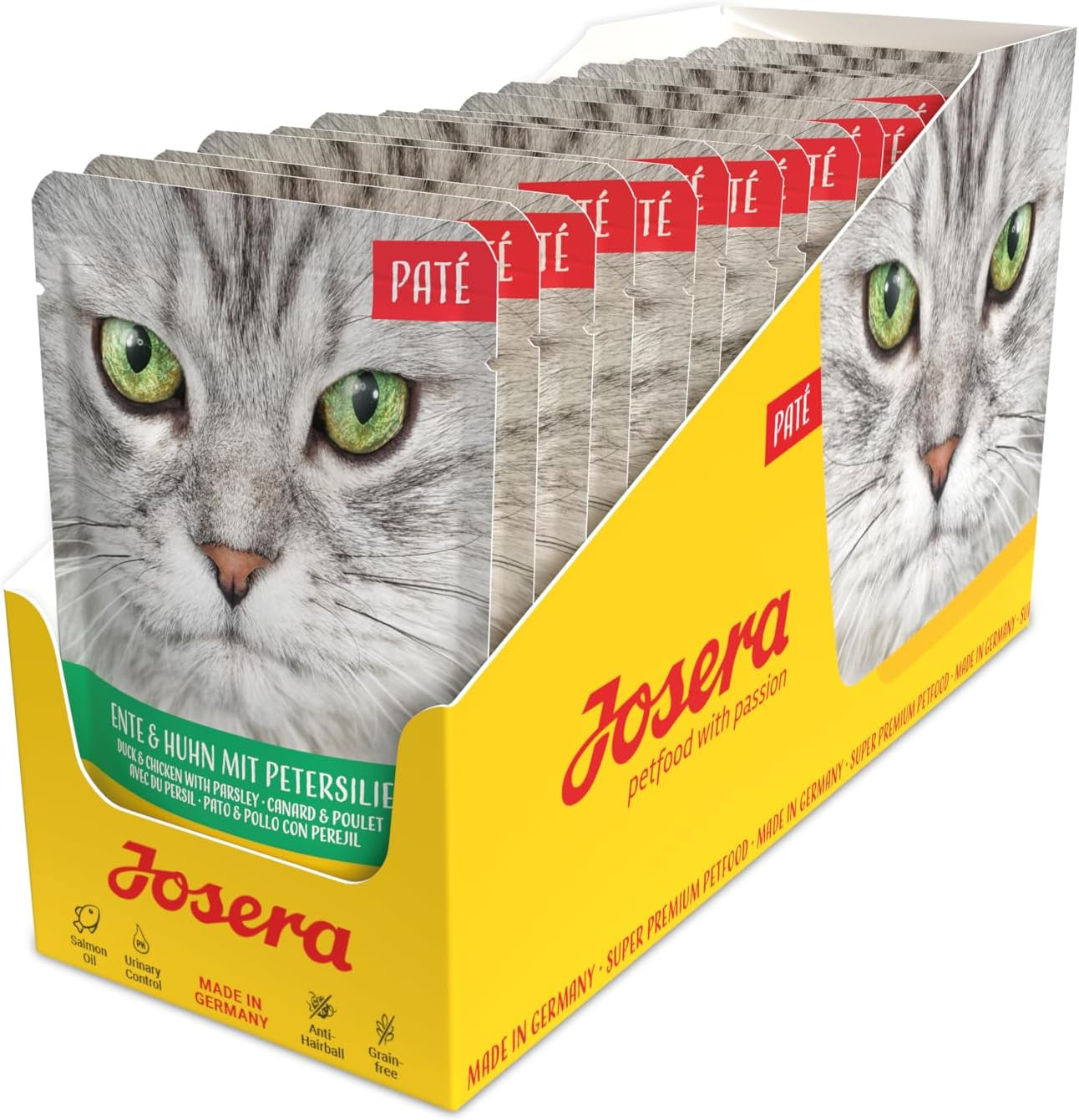 JOSERA Ande- og kyllingepostej med persille (16 x 85 g) | Voksen | Premium vådfoder til voksne katte | Ande- og kyllingepaté | Lakseolie | Ingen korn | Våd kattefoder i friske poser | Pakke med 16