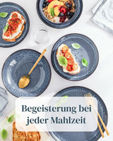 18-delt keramisk stentøjsstel til 6, Ibiza-design, TESTVINDER. Et lækkert middelhavsservicesæt af keramisk stentøj med skåle og tallerkener. Pure Living servicesæt i røgblå.