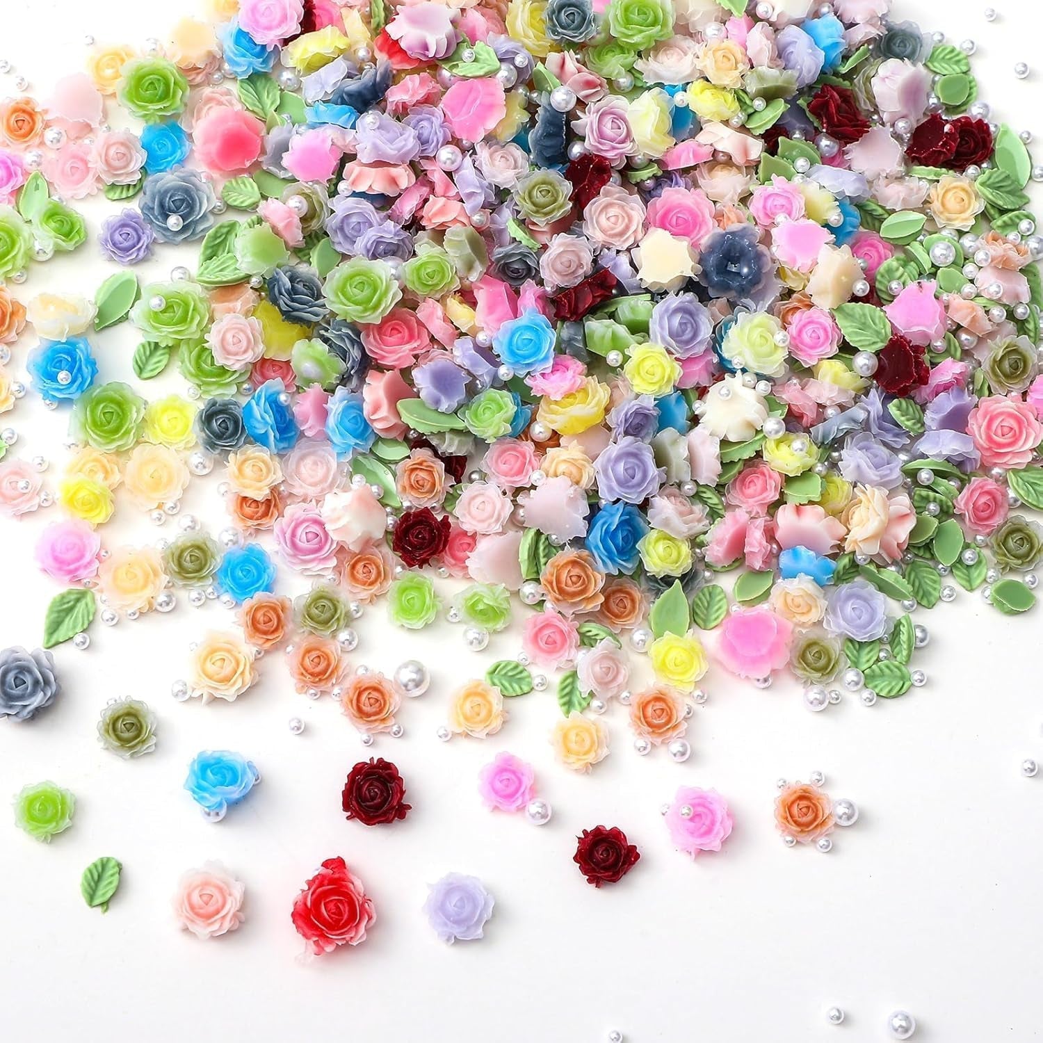 300 Stück Niedlich Blume Nail Charms, 3D Resin Blomster Camelie Rose Nägel Charms Mit Perle, Gemischt Größe Bunte Flower Nägel Deko Für Frauen Nail Art Zubehör