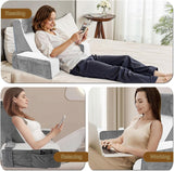 Stor læsepude til seng og sofa, rygpude til voksne med nakkestøtte og armlæn, ergonomisk rygpude med lomme og vaskbart betræk til hvile, læsning, TV (WH)
