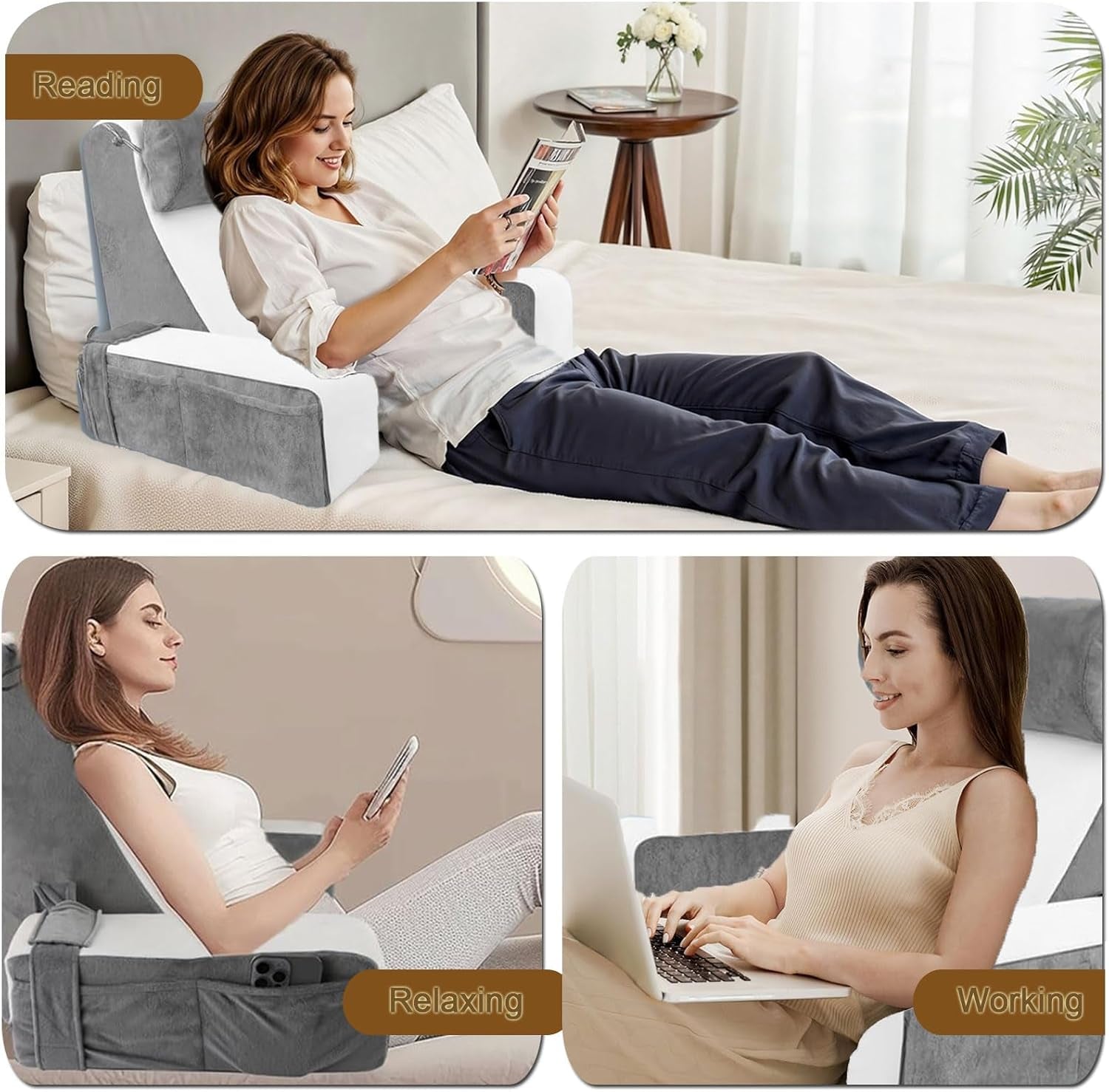 Stor læsepude til seng og sofa, rygpude til voksne med nakkestøtte og armlæn, ergonomisk rygpude med lomme og vaskbart betræk til hvile, læsning, TV (WH)