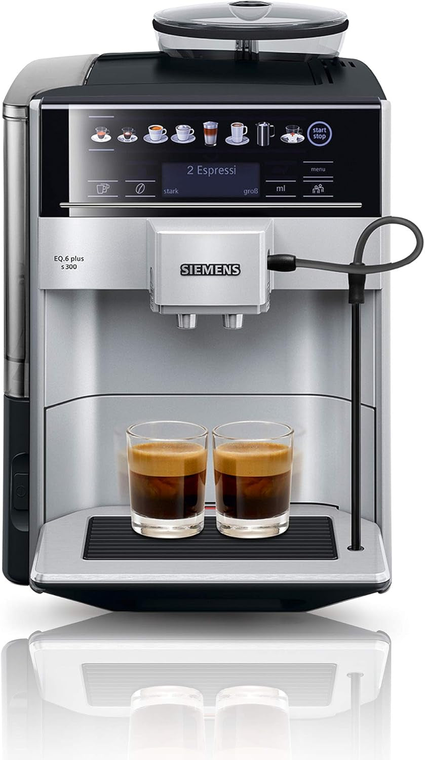 Siemens EQ.6 plus s300 automatisk espressomaskine TE653501DE, til mange kaffespecialiteter, mælkeskummer, keramisk kværn, dobbelt kaffefunktion, anti-kalk, automatisk damprensning, 1500 W, sølv