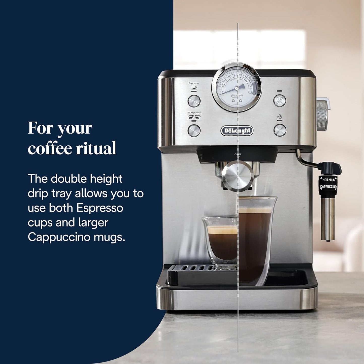 De'Longhi Classic EM450.M portafilter espressomaskine med professionel mælkeskummer, fuld metalhus, 15 bar, 1,7 l vandtank, rustfrit stål/metal