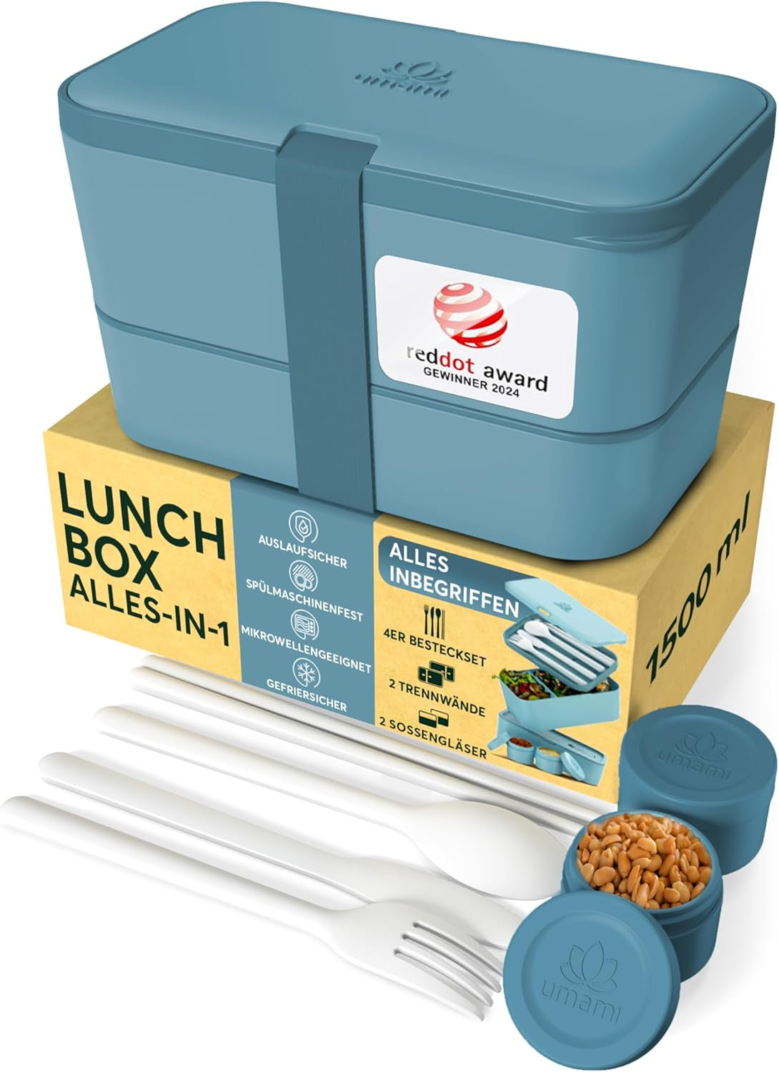 Umami Madpakke til voksne, Lækagesikker stabelbar Bento-kasse med 4 bestik og rum, Voksen Madkasse, To-Go-salatbeholder, Picnic-/kontormadkasse, koksgrå, 1500 ml