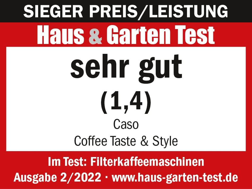 CASO Coffee Taste and Style espressomaskine med permanent filter, 1,5 l, optimal bryggetemperatur 92-96 °C, anti-drypsystem, optimeret bryggehoved, rustfrit stål, 12 kopper