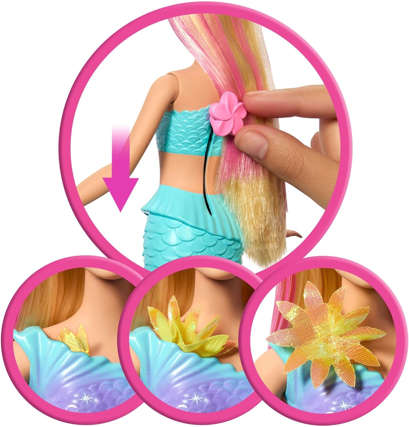 Barbie Meerjungfrauen-Spielzeug Puppe mit magischer Überraschungs Blüte, Schwanzflosse mit Farbverlauf, perlenbesetzten Haarreif og lange blonde Haar med rosa Strehchen, JDM72