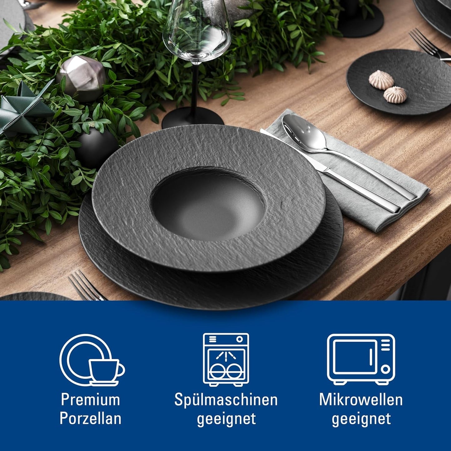 Villeroy & Boch - Manufacture Rock Spisesæt, 6 dele, Spisesæt til 2, Premium Porcelæn, Sort