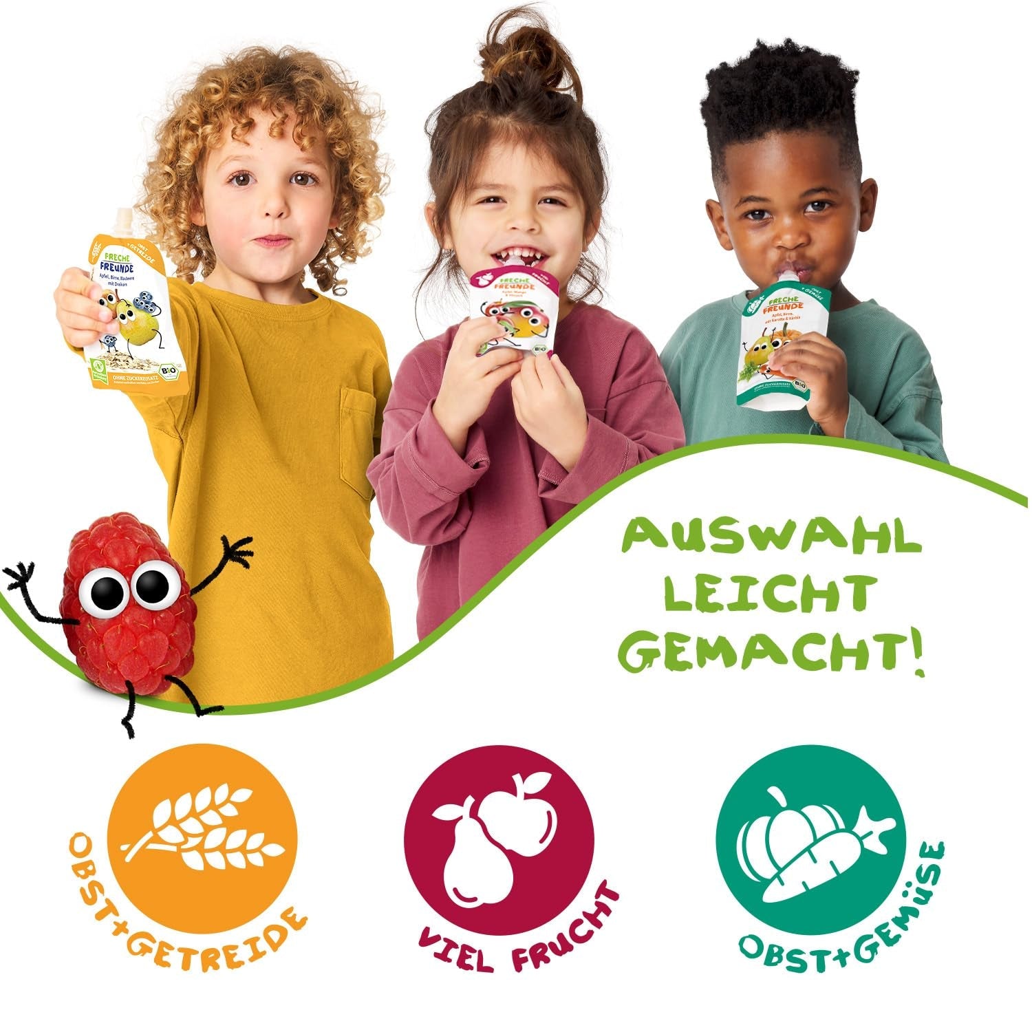 FRECHE FREUNDE Økologisk frugtpose, der kan presses sammen med æbler, jordbær, rødbeder og gulerod, frugt- og grøntsagspuré i en pressepose til babyer fra 6 måneder, vegansk, pakke med 6 (6 x 100 g)