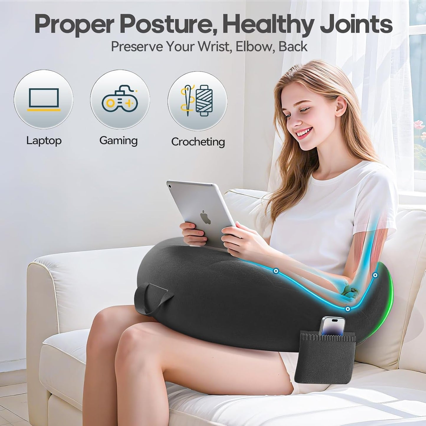 Spil- og læsepude, læsepude til seng/sofa/gulv, fodrings-/hæklepude med stor ergonomisk spillepude, gamerpude til iPad/laptop - sort
