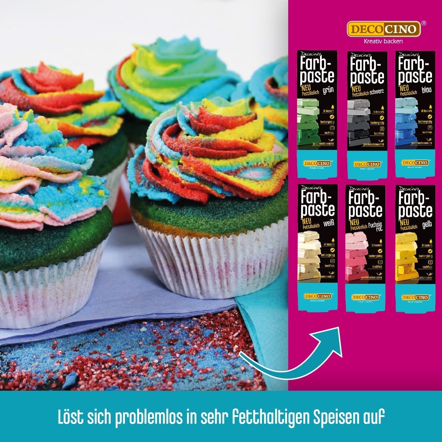 Decocino Fedtopløselig farvepasta Sæt med 6 - 6 x 15 g - Madfarve i rød, hvid, grøn, gul, blå og sort, ideel til farvning af kager, fondant og cremer - Azo- og glutenfri