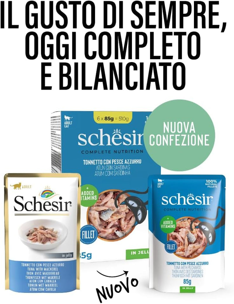 , Tun med blå fisk i gelé, komplet vådfoder til katte, i en pose, med yderligere vitaminer, 100% naturlig, 6 x 85 g