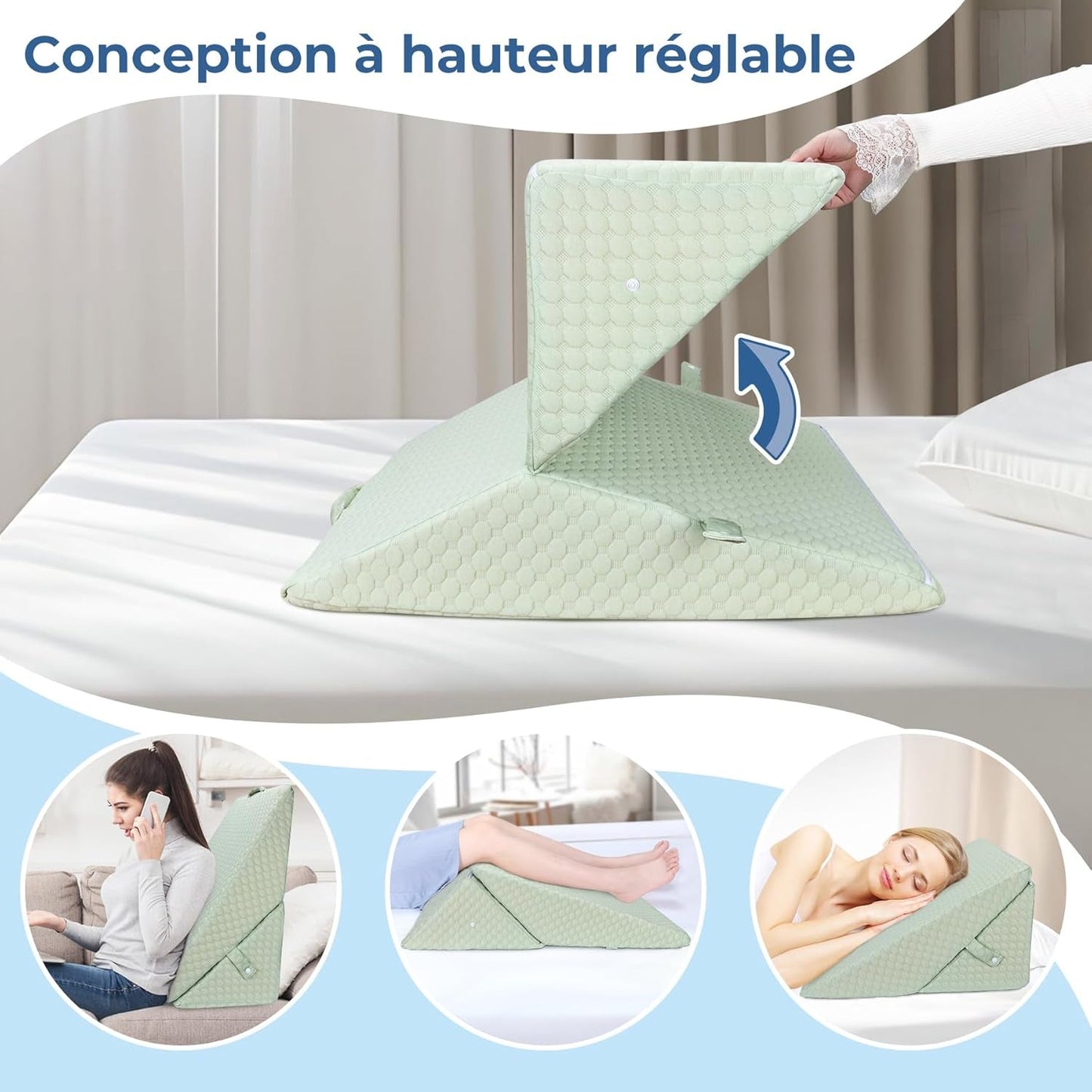 INFANZIA Kilepude til seng, Hjørnepude, Trekantpude, Sammenfoldelig, Memory Foam, Søvnapnø, Acid Reflux, Ben Elevation, Reading, Green