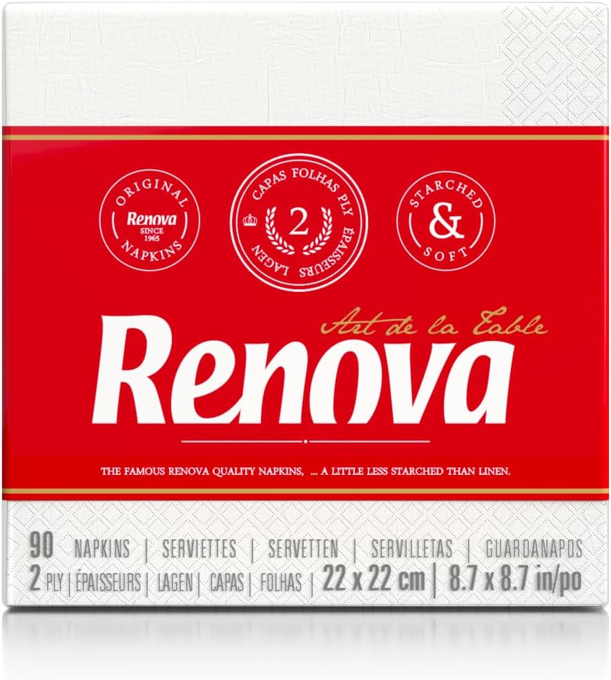 Renova papirservietter, hvid bordcocktailstil - 90 servietter (pakke med 2)