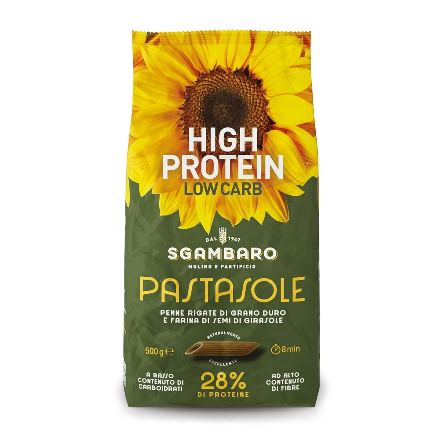 PASTASOLE , Penne Rigate mit Hartweizengrieß aus 100% italienischem Anbau und Sonnenblumenkernmehl - 500g - High Protein, Low Carb, Hoher Ballaststoffgehalt