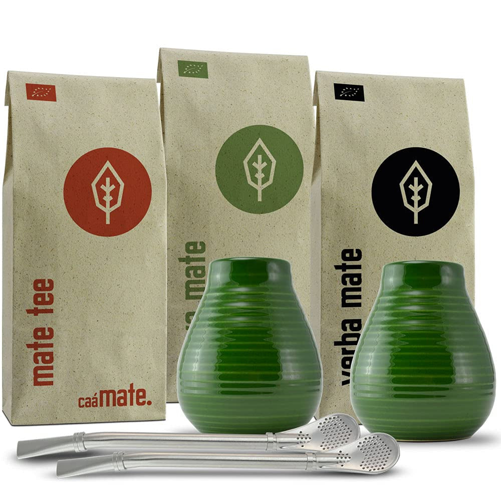 Mate tesæt til to, økologisk ● 2 Mate kopper + 2 bombillas + 300 g Mate te + forberedelsesvejledning