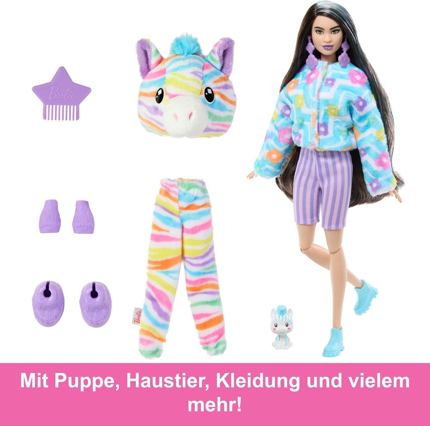 Barbie Cutie Reveal Dukke og tilbehør, Rainbow Zebra Plush Outfit og 10 farveskiftende overraskelser, Color Dream Range, HRK39