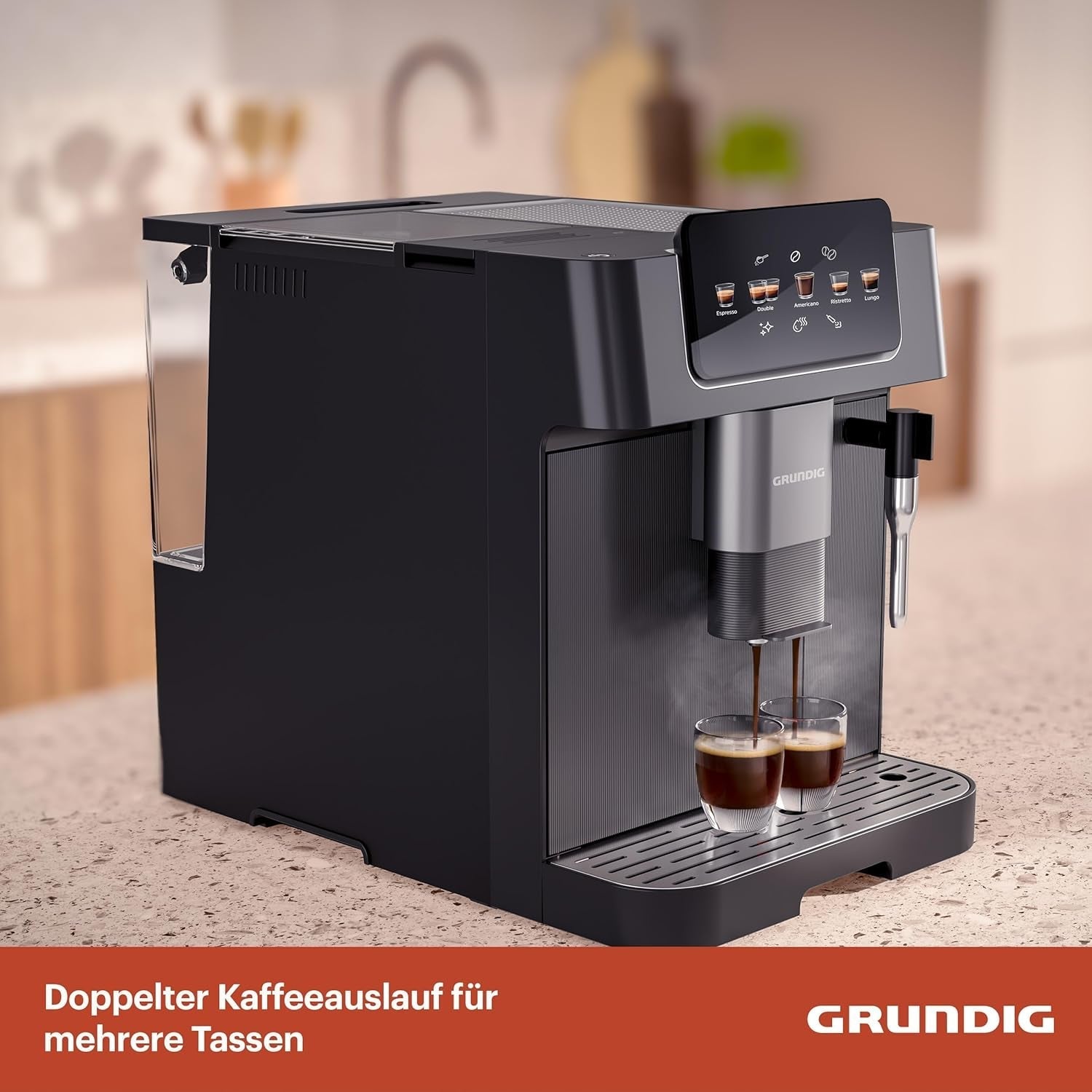 GRUNDIG KVA 6230 fuldautomatisk espressomaskine med mælkeskummer, rustfri stålkværn med 13 slibeindstillinger, bønnebeholder 250 g, aftagelig vandtank 2 liter, pumpetryk 19 bar, touchdisplay, sort