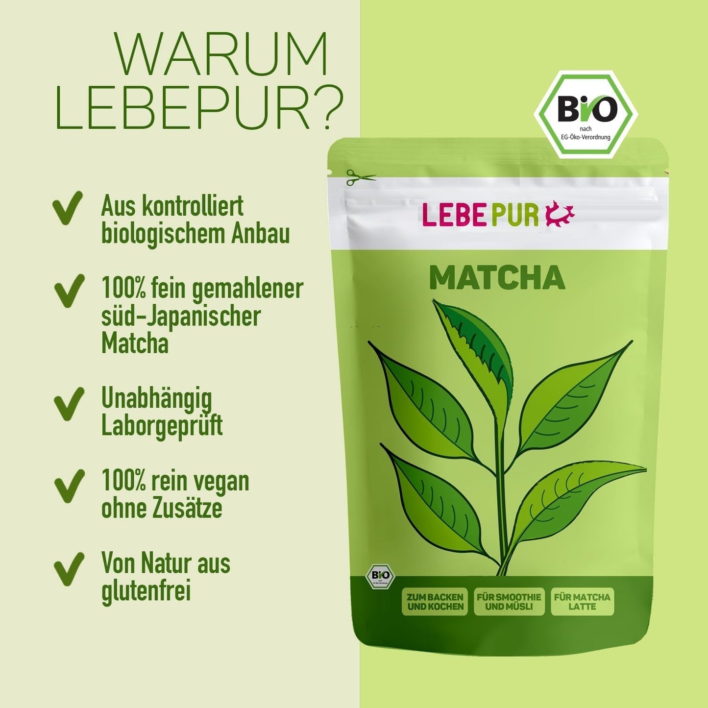 Lebepur BIO Matcha Powder 100G - Førsteklasses kvalitet fra Japan Ingen tilsætningsstoffer - 100 % ren grøn te pulver til Matcha Latte, Matcha te, grøn te, smoothie - japansk grøn te