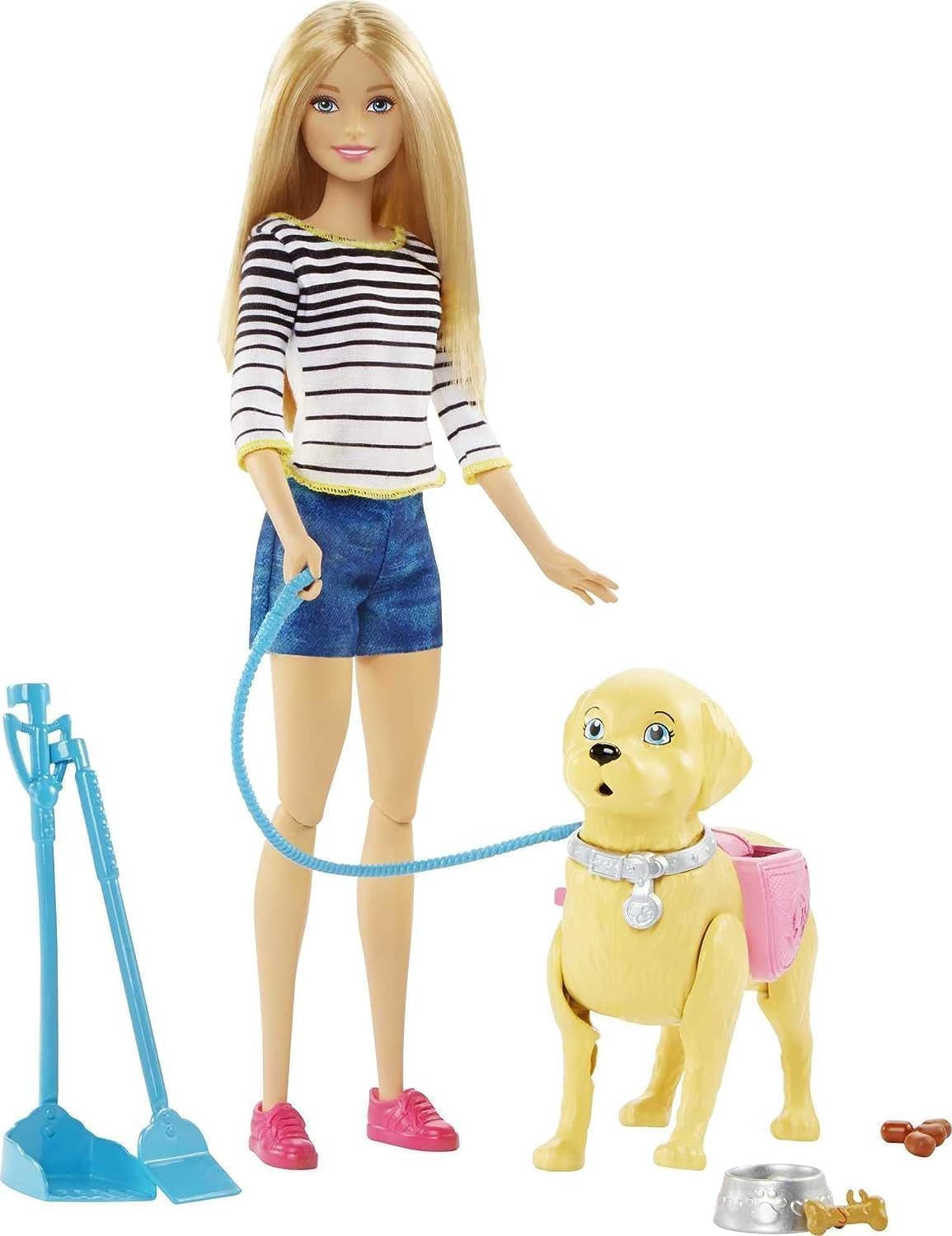 Barbie Walk and Potty Doll, blond dukke med gåhund, poop ske, tilbehør inklusive dukkehund, børnegave, legetøj fra 3 år og opefter, DWJ68
