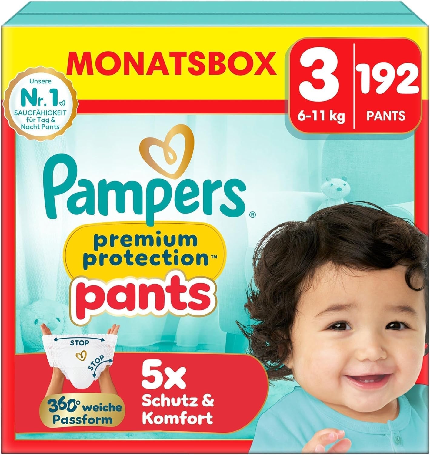 Pampers Premium Protection Pants str. 5, 144 bleer, 11 kg - 17 kg, med 360° justering og bløde anti-lækage manchetter for optimal komfort og beskyttelse
