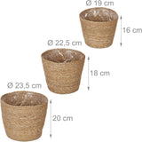 Relaxdays Seagrass Urtepotter Sæt med 3 Runde Blomster- og Urteplantekurv med Folie 3 Størrelser Plantekasse Natural
