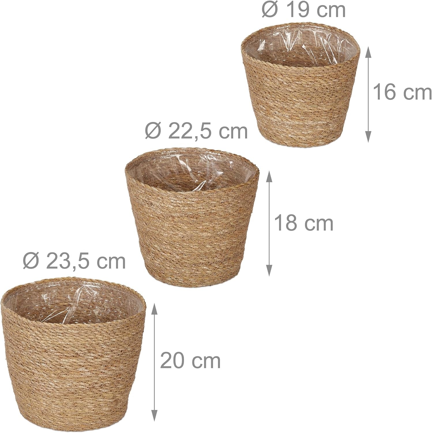 Relaxdays Seagrass Urtepotter Sæt med 3 Runde Blomster- og Urteplantekurv med Folie 3 Størrelser Plantekasse Natural