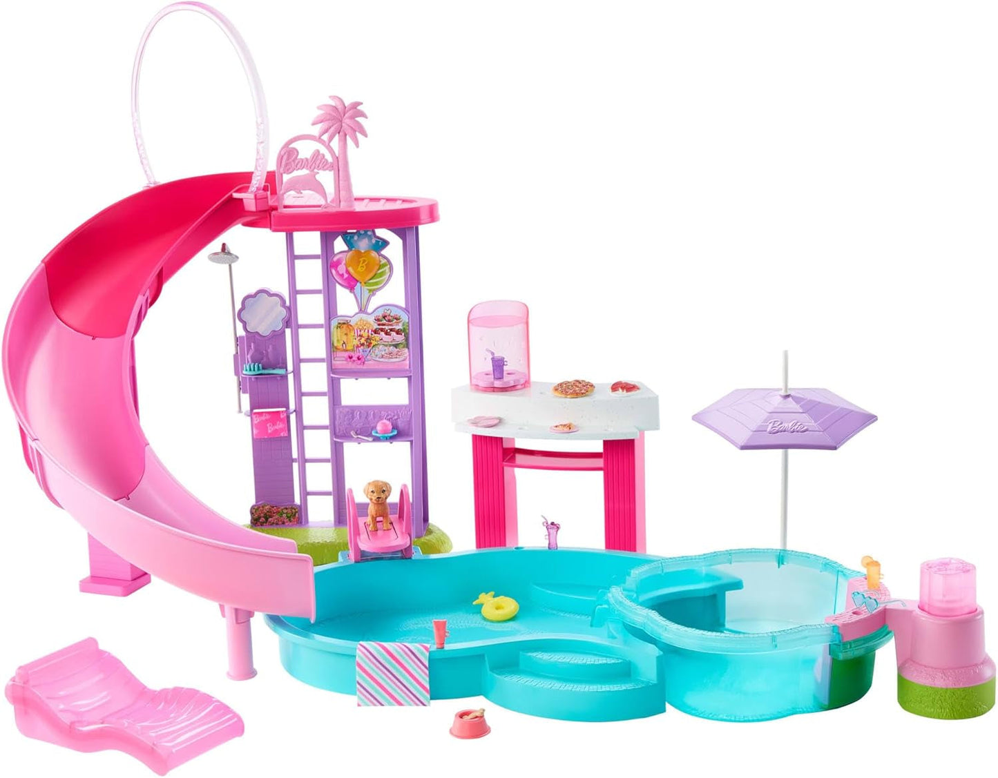 Barbie Dream Pool Legesæt med seks legeområder, inklusive en rutsjebane og jacuzzi, plus over 20 tilbehør såsom et kæledyr, svømmeringe og mere, JKG83