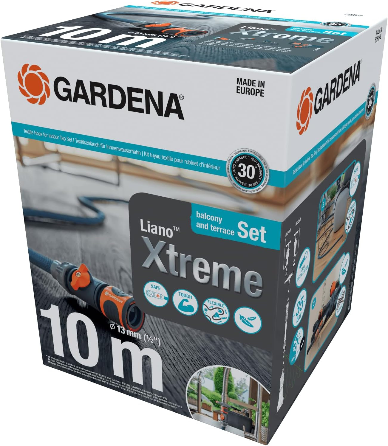 Tekstilslange Gardena Liano Xtreme 1/2", sæt 10 meter + indendørs adapter