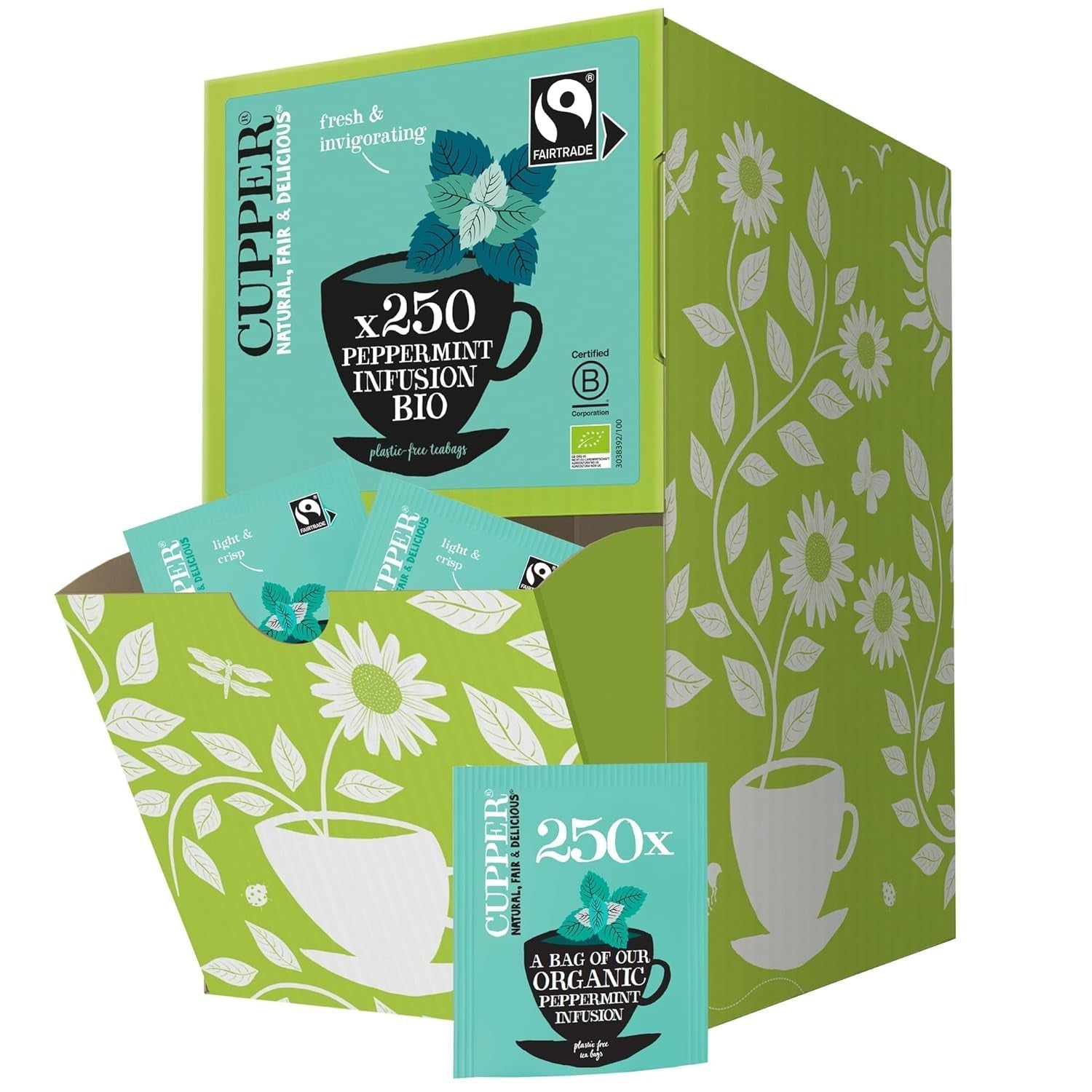 Cupper Økologisk frugt te Tranebær Hindbær | Hindbær te | 250 ublegede teposer | Big Pack | Perfekt til kontoret | Økologisk | Fair handel