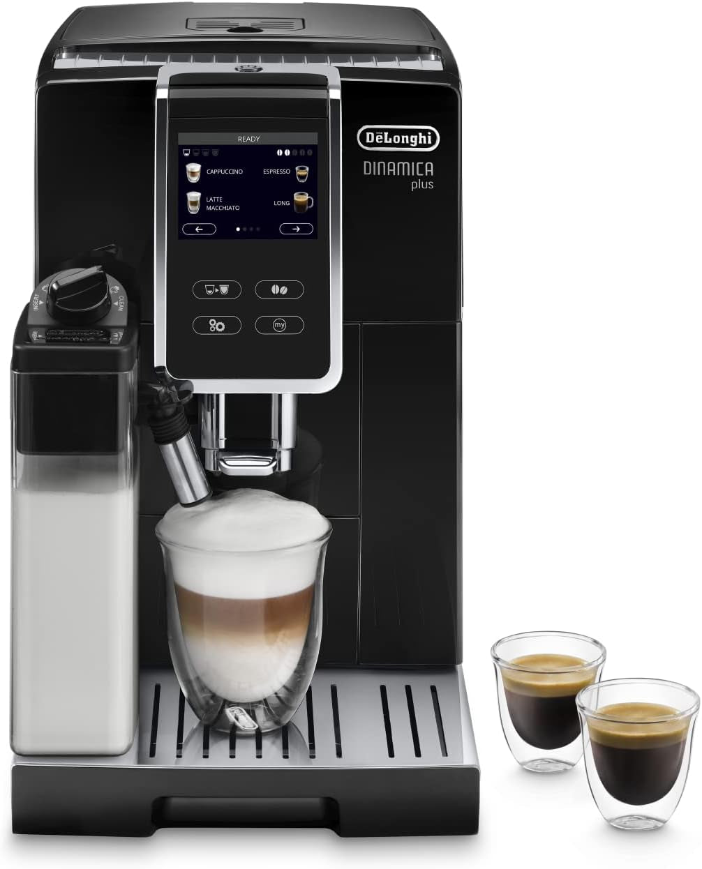 De'Longhi Dinamica Plus ECAM 370.70.B Fuldautomatisk espressomaskine med LatteCrema mælke-, cappuccino- og espressosystem, 3,5 tommer TFT farveberøringsskærm og appkontrol, kaffefunktion, sort