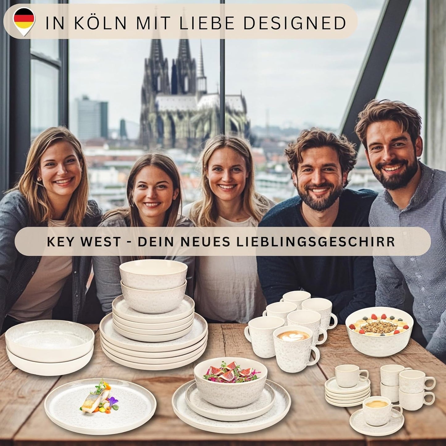 SÄNGER Key West | Stentøjsservisesæt 24-dele middagstallerkensæt til 6 6 middagstallerkener kornskåle Desserttallerkener Pasta skåle Creme servise med sandet tekstur | VÆRDIINDSAMLING