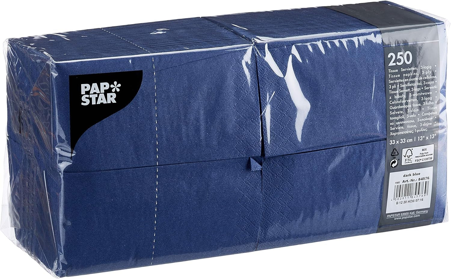 Papstar 84576 250 væv, 3-lags 1/8-fold 33 Cm X 33 Cm, Mørkeblå