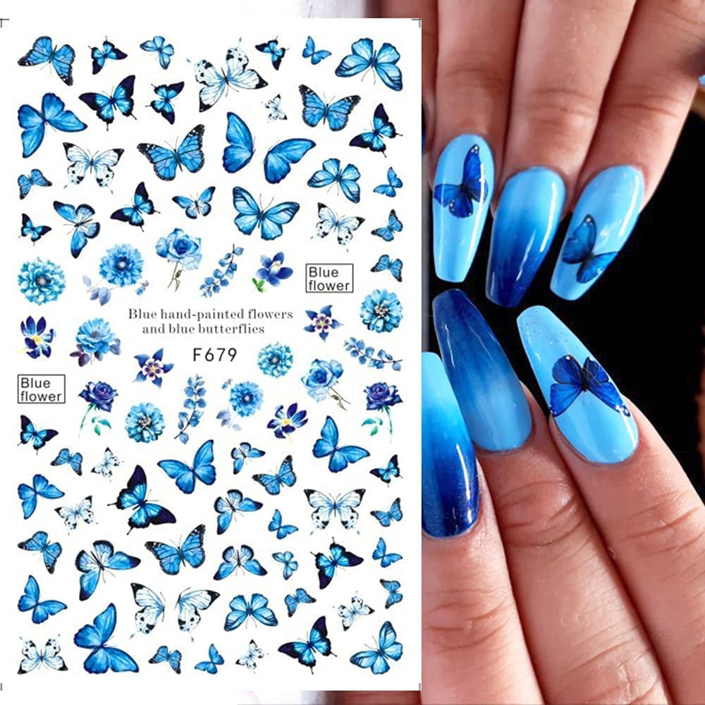 JMEOWIO Nagelsticker Schmetterling 8 Blätter Nagelaufkleber Selbstklebend Blau Schwarz Gold Schmetterling Nail Art Dekoration Nagel Design Tilbehør