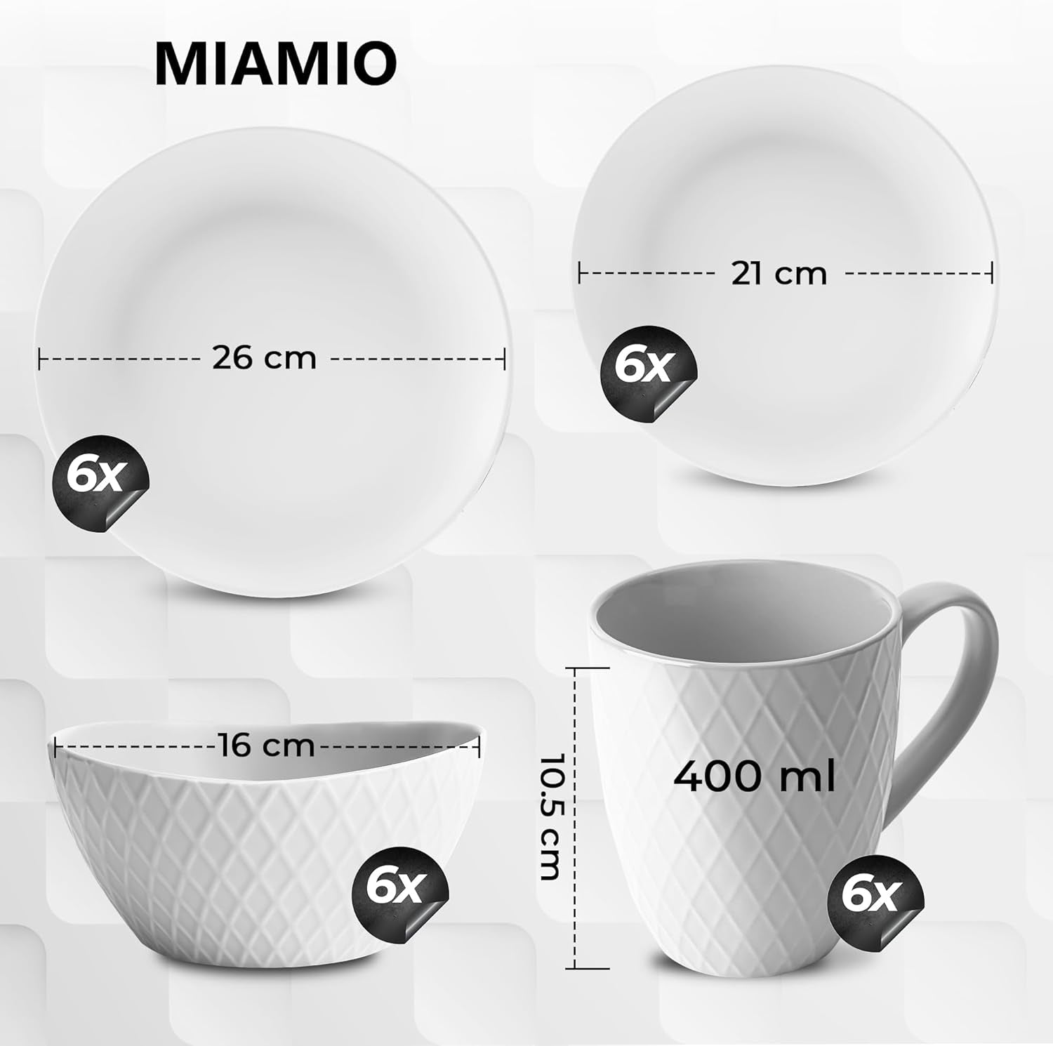 MIAMIO - Keramisk porcelænssæt, 24 dele, kombineret service til 6 - Tåler opvaskemaskine og mikroovn - Palmanova Collection (hvid)