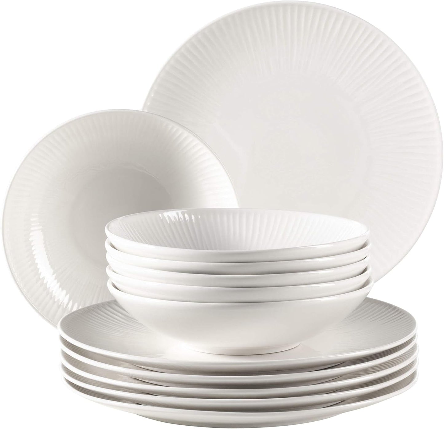MÄSER 931461 Dalia Spisestel til 6 lavet af hotelporcelæn af høj kvalitet, hvid, tallerkensæt i 12 dele i vintage design, slidstærkt porcelæn