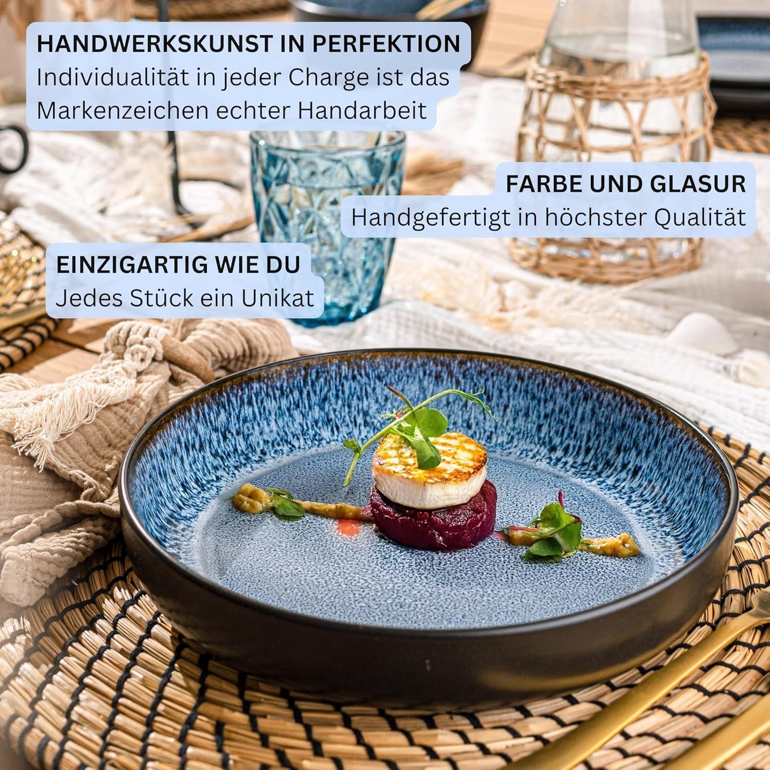 SÄNGER Aruba | Stentøjsstel til 6, 6 middagstallerkener, 6 morgenmadstallerkener, 6 middagstallerkener, 6 pastaskåle, blå med sort kant | VÆRDIINDSAMLING
